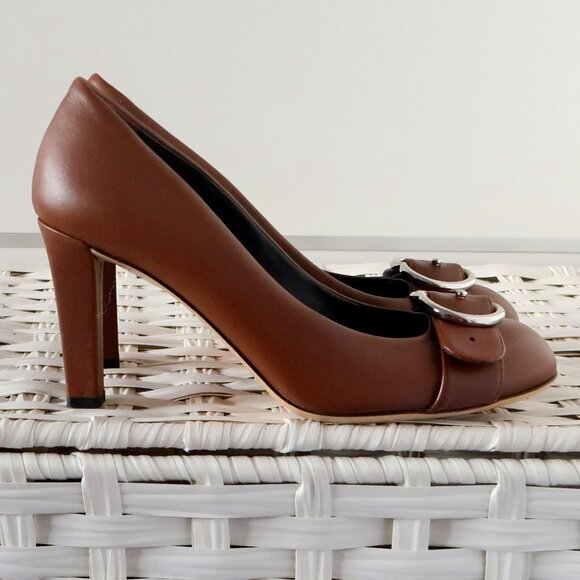 Gucci Brown Leather Block Heel Pumps Logo Buckle Designer Office Party Shoes 7.5 - Picture 4 of 16